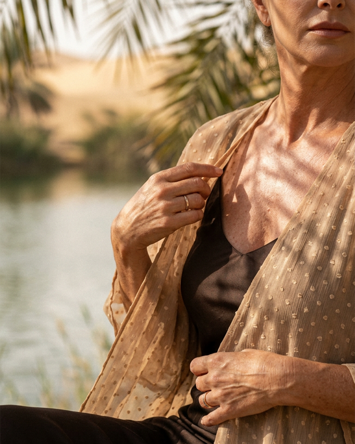 Natalie Noor wearing Sillage Uragini Model, under the shade of an oasis in the Sahara