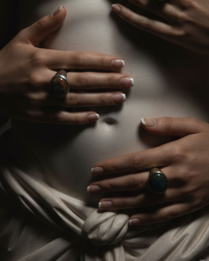 Natalie Noor Cabochon Signet Ring. Jewelry lit by Desire.