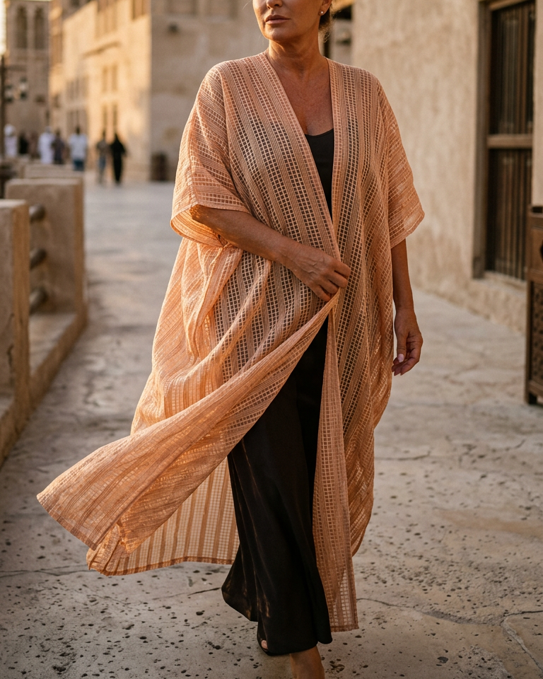 Natalie Noor in a long, light-colored jacquard robe, walking through an old architectural street. A Natalie Noor resort wear collection.