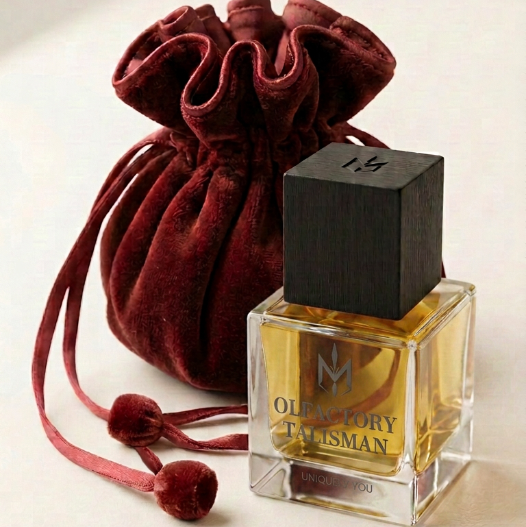 A clear glass perfume bottle filled with amber-yellow liquid, topped with a black square cap, shown next to a dark burgundy velvet drawstring pouch on a light beige background.