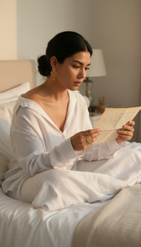 Woman in a white robe reading a letter in bed, wearing golden earing and the ring of the Sharafeh Collection, jewelry lit by desire, by Natalie Noor.