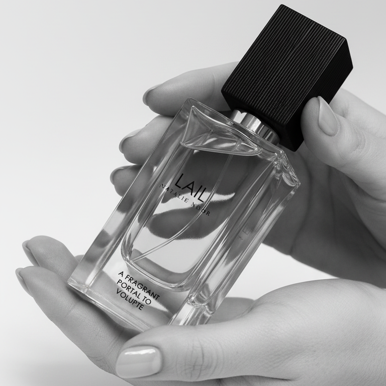 Hand holding a LAIL perfume bottle with a black cap on a white background. A Fragrant Porta to Volupte by Natalie Noor