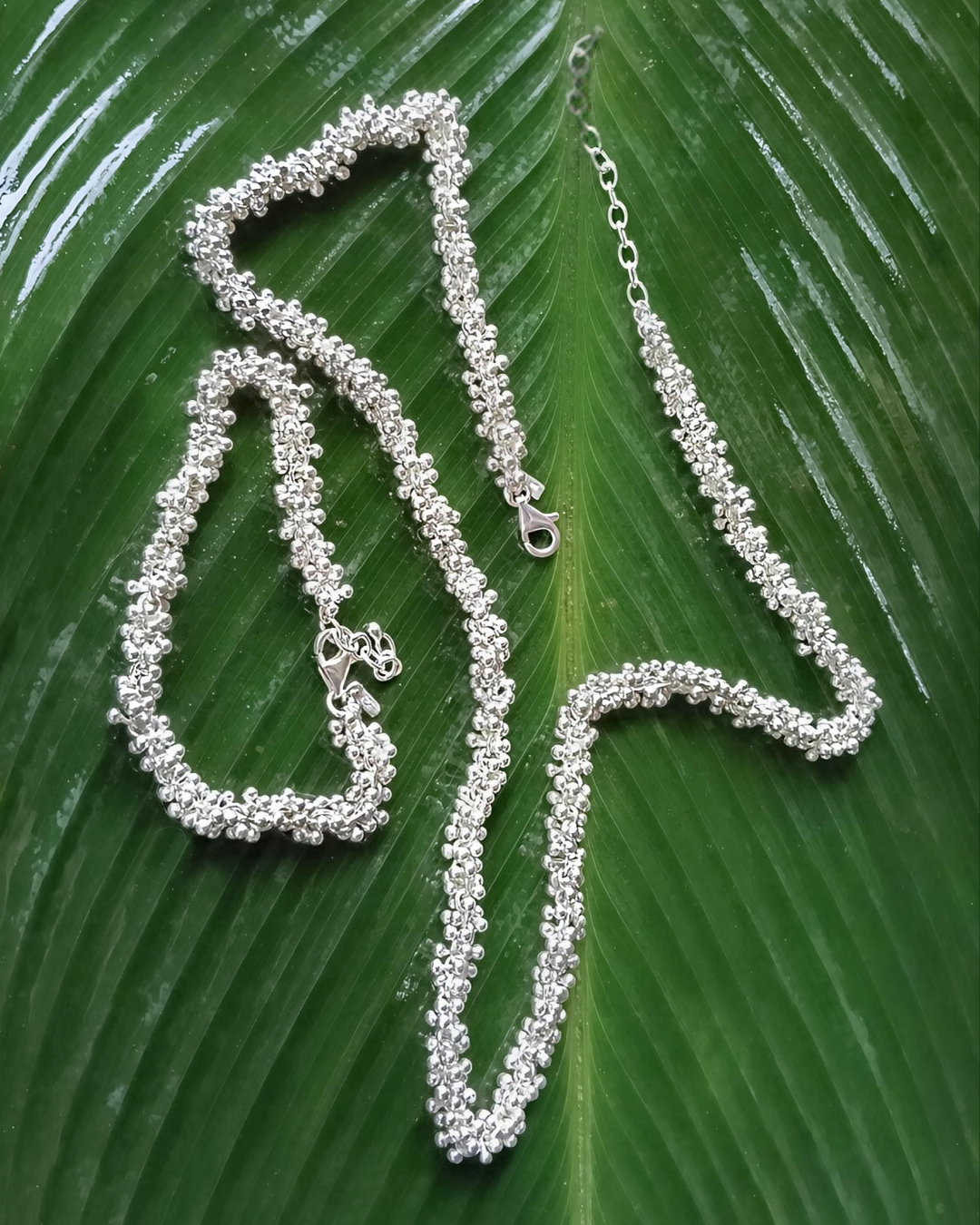 Silver necklace and bracelet on a green leaf. Natalie Noor, jewelry lit by desire