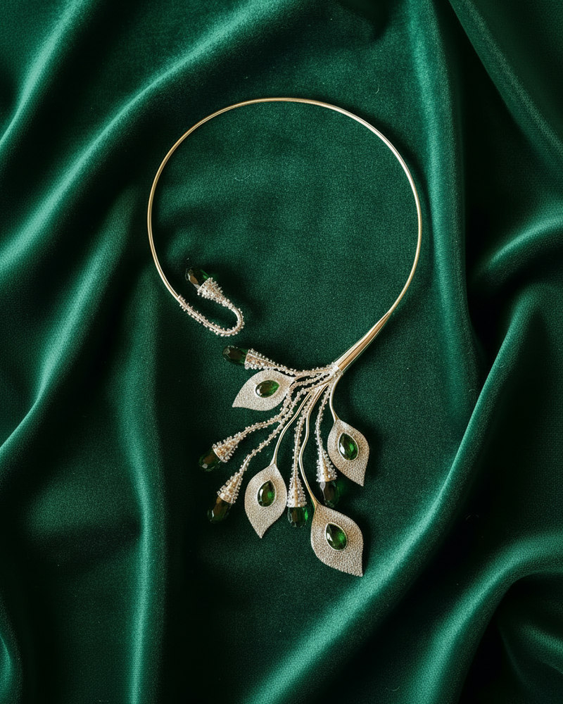 The Andaman Empress - Regal Silver & Green Obsidian Torc Necklace