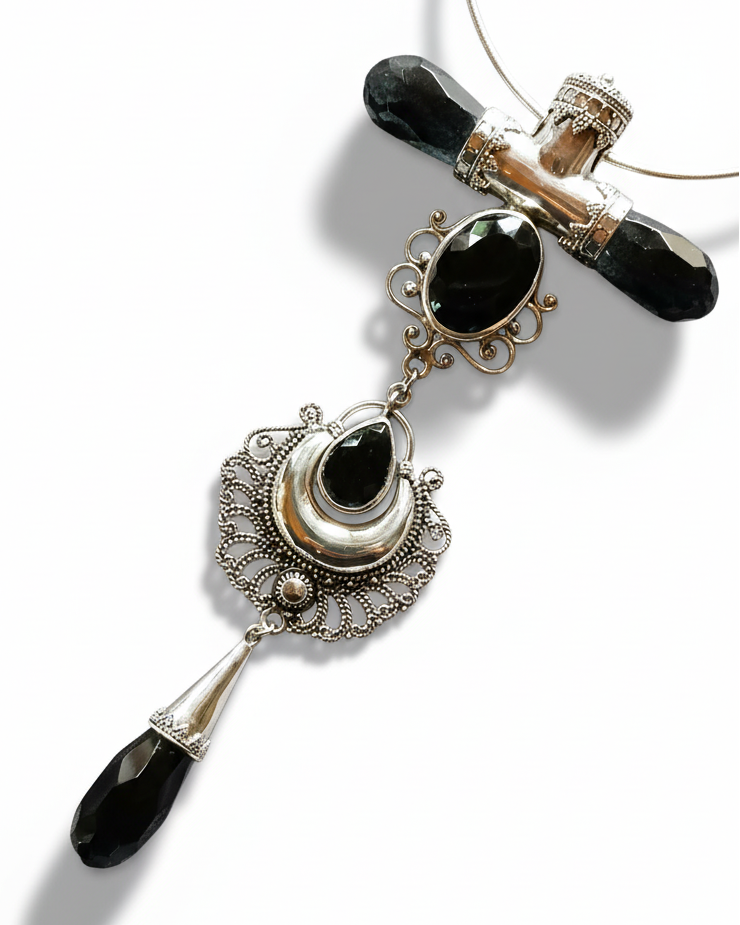 Natalie Noor Sterling silver pendant with natural black obsidians gemstones