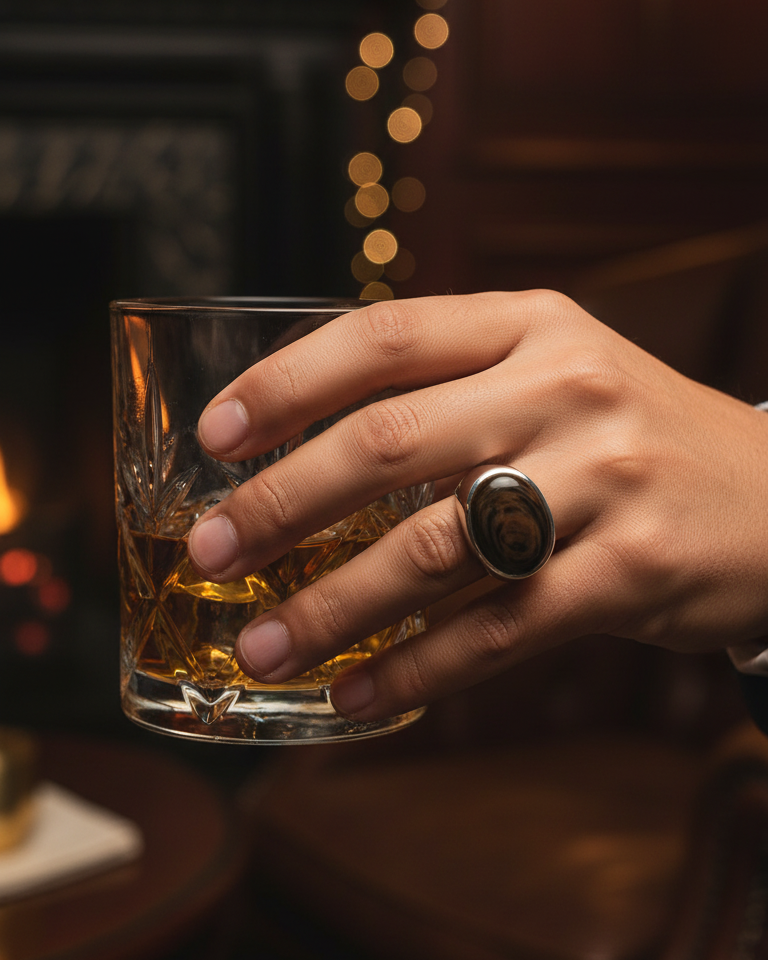 Man's hand holding a glass of whiskey with a blurred background. He wear a copper obsidian cabochon signet ring by Natalie Noor.