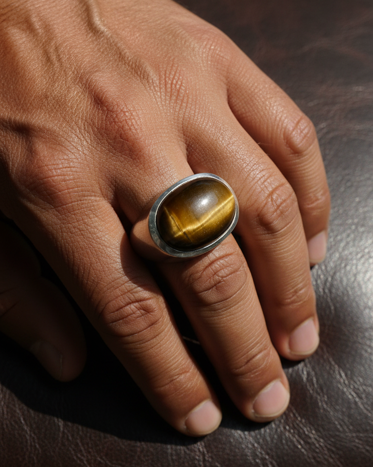 A man's hand wearing a cabochon signet  ring with a tiger eye gemstone on a dark leather surface. By Natalie Noor.