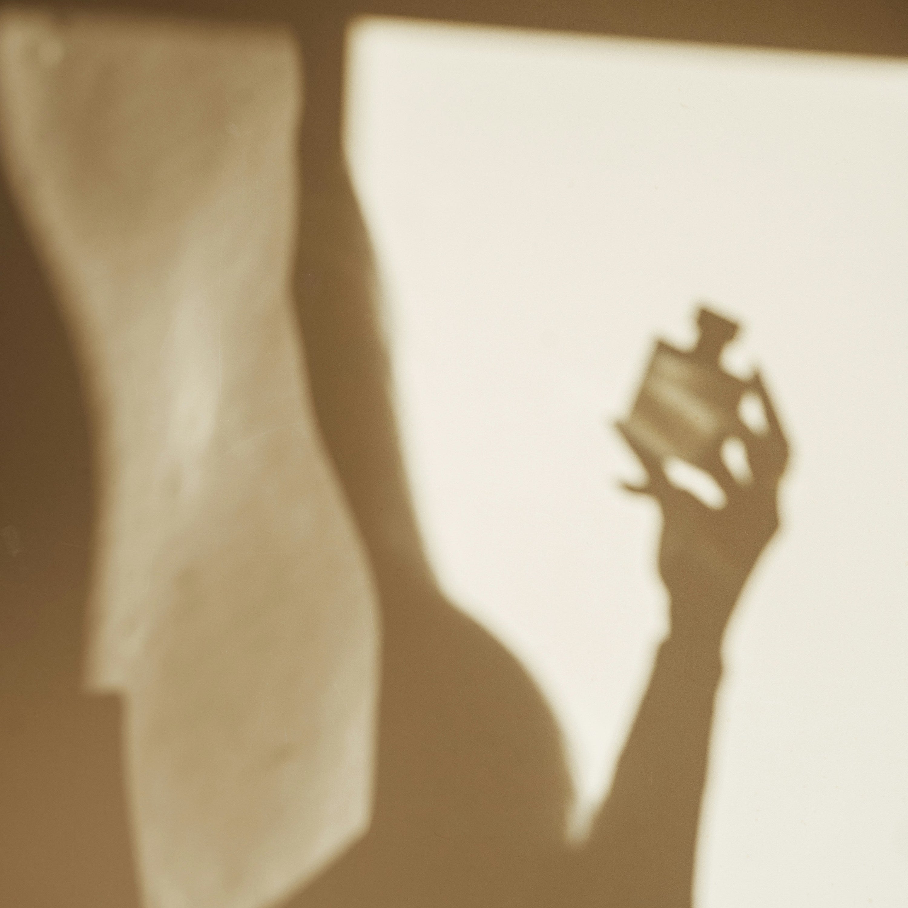 Silhouette of a person holding a bottle of perfume against a light background. Maison Natalie Noor, fragrant portals.
