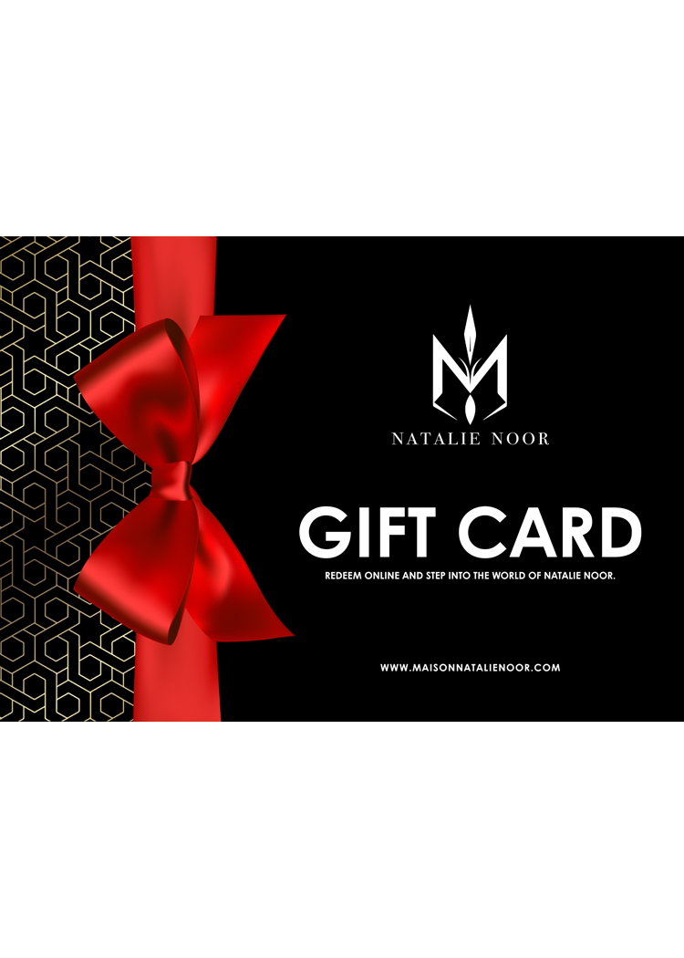 Natalie Noor gift card with a red bow on a black background