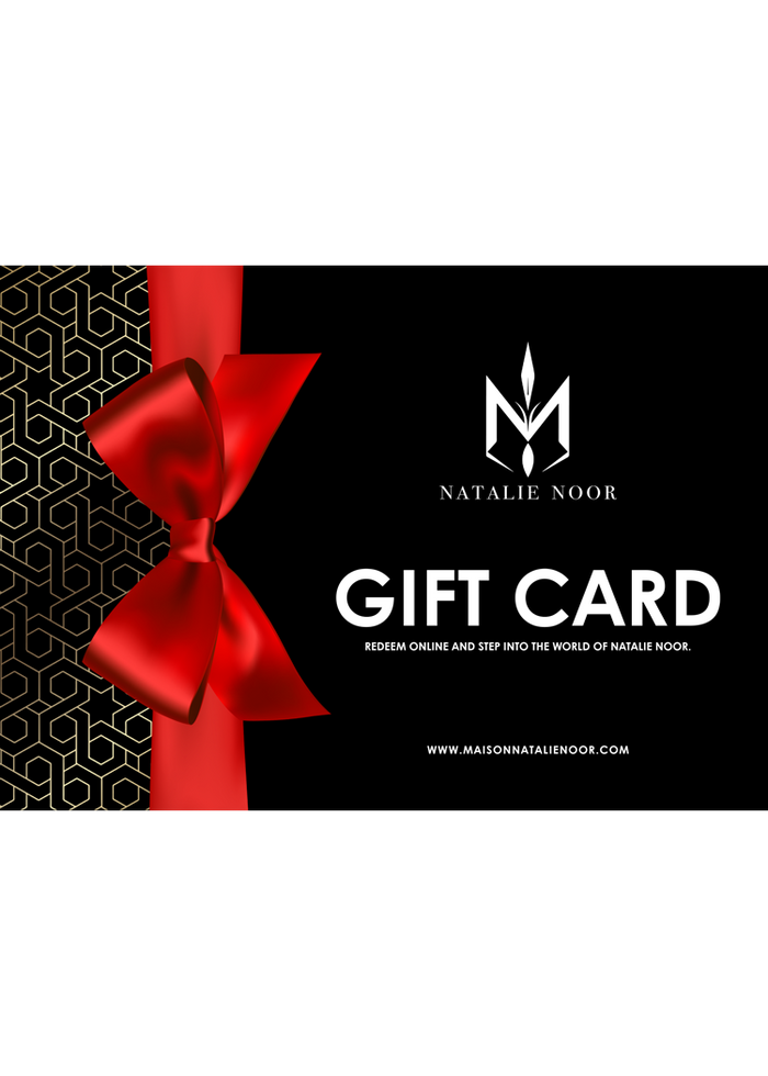 Natalie Noor gift card with a red bow on a black background