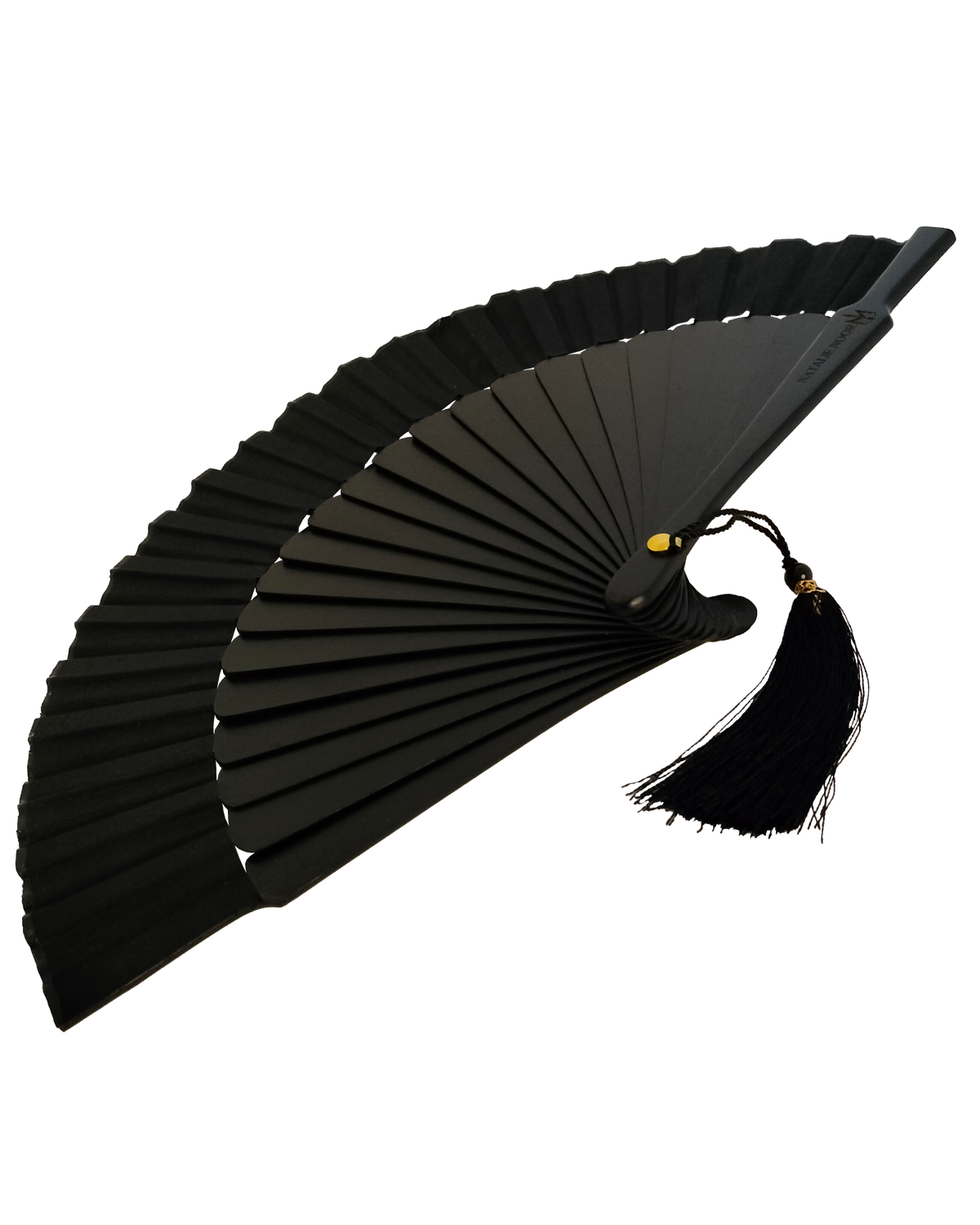 Black hand fan with tassels on a white background
