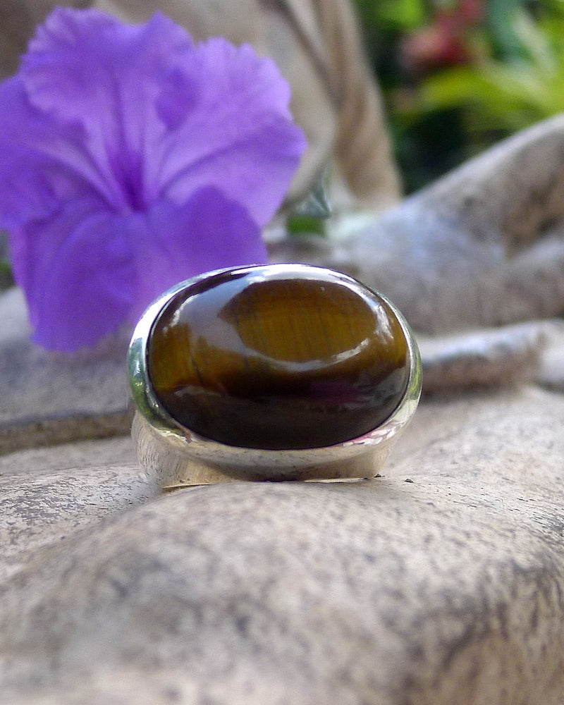 Tiger's eye cabochon signet ring on a stone surface with a purple flower in the background. Maison Natalie Noor, jewelry lit by desire.