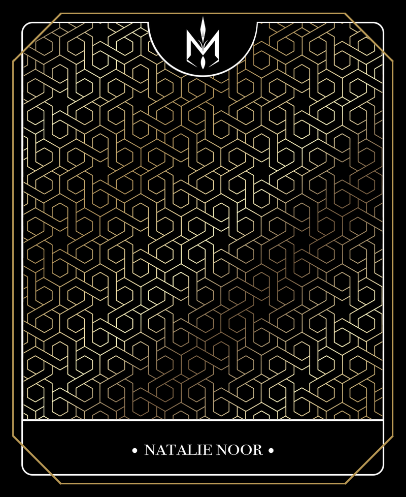 Geometric middle-eastern patterned card with a logo and text on a black background