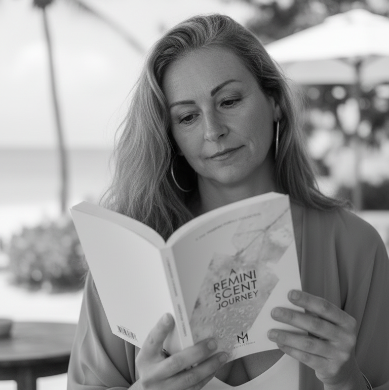 Natalie Noor reading a book outdoors with palm trees in the background. Founder and creative mind of Maison Natalie Noor.