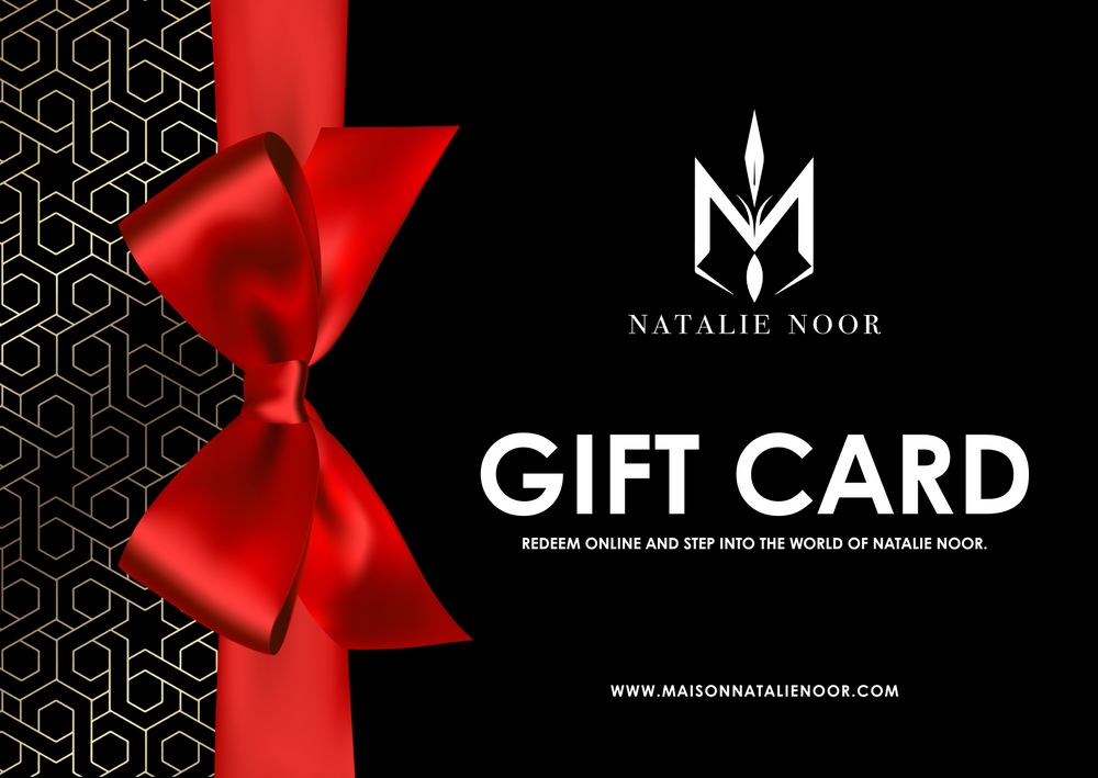 Gift card with red ribbon and Natalie Noor logo on a black background. A gift of choice for a special person.