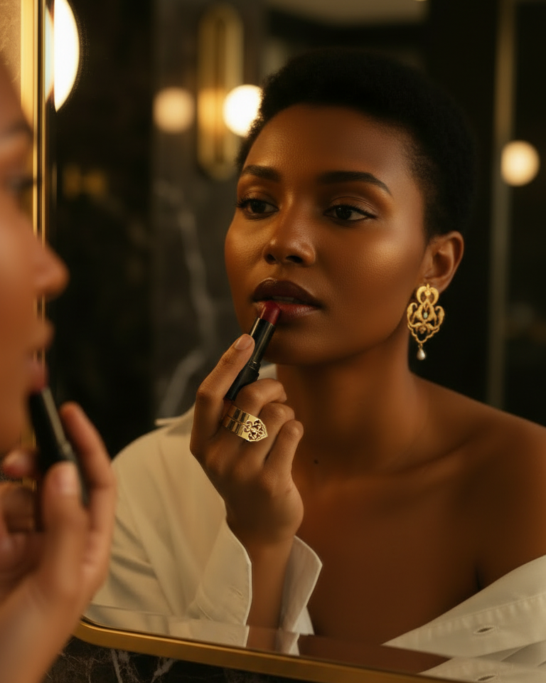 Sensual and elegant woman applying lipstick in front of a mirror. She is wearing fine and stylish Gold and silver pearl earrings on a beige background. Maison Natalie Noor, Sharafeh Collection - Jewelry lit by Desire