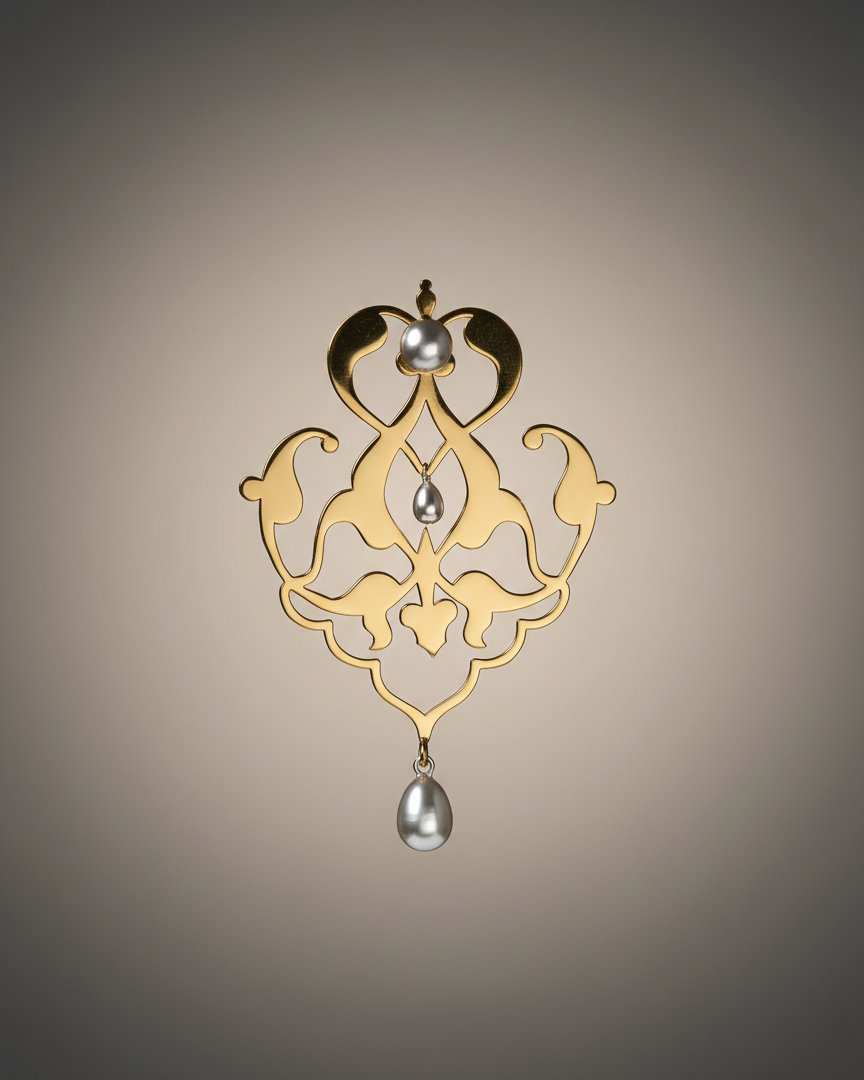 Fine and stylish Gold and silver pearl earrings on a beige background. Maison Natalie Noor, Sharafeh Collection - Jewelry lit by Desire